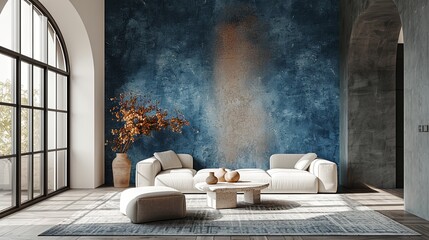 3D rendering of a contemporary living room with a warm and inviting atmosphere, complemented by a blue wall texture backdrop.