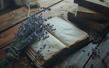 Obraz premium Lavenders laying next to an open vintage notebook with copy space. 