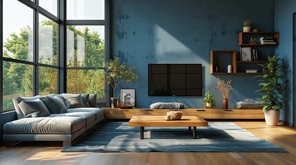 3D rendering of a contemporary living room with a warm and inviting atmosphere, complemented by a blue wall texture backdrop. - obrazy, fototapety, plakaty