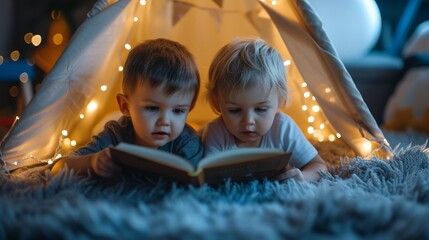 Cozy indoor reading nook for children with teepee tent, fairy lights, and book in hand
