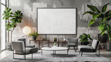 Modern office interior with a blank white canvas frame on the wall, furniture and decorative plants