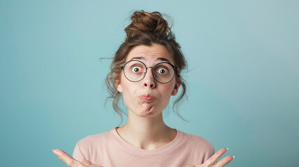 Portrait of a confused puzzled minded woman on pastel blue background