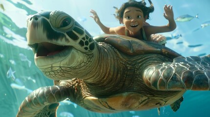 Animated Adventure: Girl Riding Sea Turtle