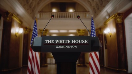 Wooden conference debate stand with microphones. Tribune for US President or congressman political...