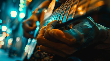 Guitarist Playing in Urban Night Lights
