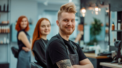 Hairdresser Team in Salon with Stylish Black Aprons.