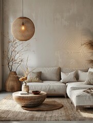 3D rendering of a contemporary living space with a cozy ambiance, showcasing modern furniture against a clean white wall texture. - obrazy, fototapety, plakaty
