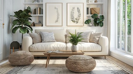 3D rendering of a contemporary living space with a cozy ambiance, showcasing modern furniture against a clean white wall texture.