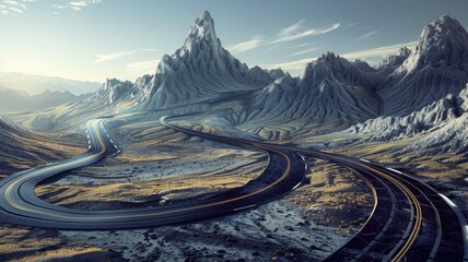 Serpentine road snaking through a rugged landscape - This striking image captures a serpentine road meandering through a rugged, rocky landscape with dramatic peaks and a vast sky - obrazy, fototapety, plakaty