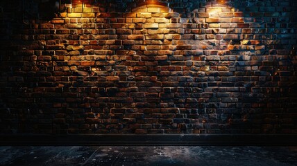 Dimly lit vintage brick wall background - Warm, ambient light cascades over an old brick wall, highlighting its rugged texture in a cozy, nostalgic scene