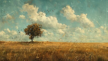 Lone tree amidst a golden field under blue sky - Warm-toned image of a solitary tree in a vast field with scattered birds and golden grass against a textured blue sky - obrazy, fototapety, plakaty