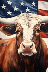 Zelfklevend Fotobehang A large bull against the background of the American flag as a symbol of the state of Texas. Revolution or bullfight concept © Sunny