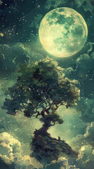 Obraz na płótnie Canvas Gigantic moon over a mystical tree - Digital art of a tree standing strong under a colossal moon, surrounded by starry night and soft clouds