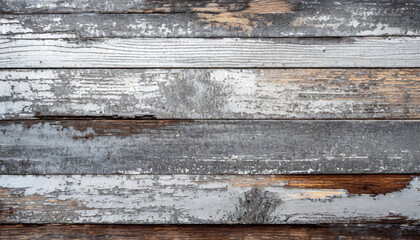 Rustic, weathered wooden planks texture with peeling paint in shades of white and silver. aligned horizontally.