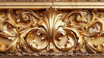Ornate golden floral design on paneling - Intricate golden floral patterns, reflecting luxury and artistic craftsmanship, ideal for sophisticated backdrop - obrazy, fototapety, plakaty
