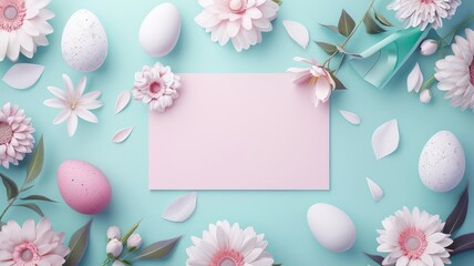 Pink and white Easter-themed flat lay scene - Inviting Easter setting with decorated eggs, flowers and a space for personalized messages