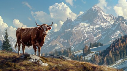 Fototapeta na wymiar Realistic CGI cow in mountainous terrain - Hyper-real CGI imagery of a cow in a picturesque mountain terrain, beautifully blending digital art with nature