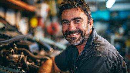 Mechanic With a Friendly Smile Working on a Car.