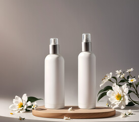 Obraz na płótnie Canvas Cosmetic spray bottle mockup without label on simple background with flowers, Generative AI 