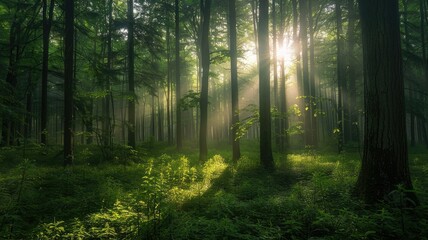 Sunrays piercing through a foggy forest - Mystical morning scene as the sun's rays cut through the fog in a lush, green forest, creating a tranquil ambiance - obrazy, fototapety, plakaty