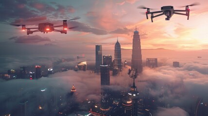 Drones flying over a cloud-engulfed city at dusk - Surveillance drones hover above a mystical cityscape blanketed in clouds, reflecting the twilights of dusk - obrazy, fototapety, plakaty