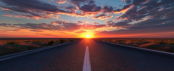 Road stretches towards breathtaking sunset, Straight asphalt road, golden sky above, fluffy clouds, silhouetted mountains evoke tranquil, scenic journey ahead.