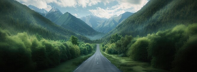 Open road through lush greenery, forest, flanked by trees under cloud sky, leads towards rolling hills and mountains in majestic beautiful landscape. Country side road with natural scenery. - obrazy, fototapety, plakaty