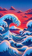 Cartoon Sea Waves with Mount Fuji Sunset