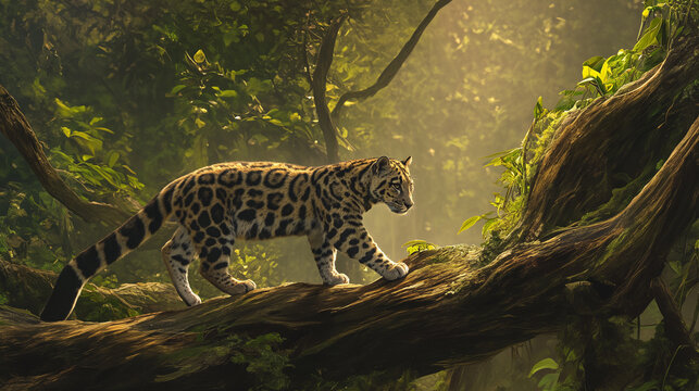 Leopardo nebuloso andando na floresta visto de lado - Ilustração