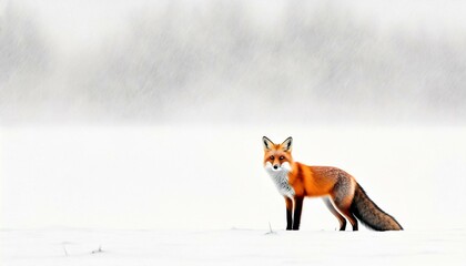 A minimalistic illustration of a red fox, its vibrant orange contrasted against a vast white snowy background, emphasizing its solitude and the quiet of its surroundings.