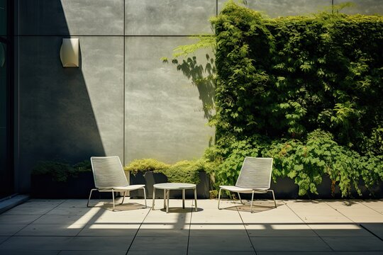 two stools on a terrace against concrete wall