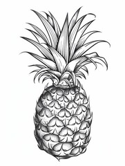 A detailed black and white illustration of a pineapple with intricate shading and realistic texture. The single green leaf adds freshness to the image. Set against a clean white background.