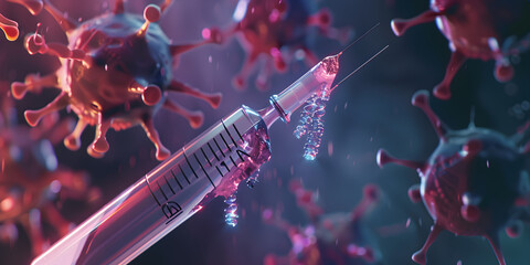 Microbial Intrusion: A syringe injecting a virus into a petri dish. - obrazy, fototapety, plakaty