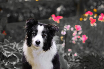 Border colley dog on flower