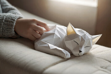 Child's hand petting an adorable origami paper cat taking a nap on bed at home.