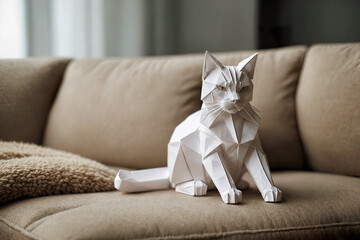 Adorable origami paper cat with sleepy eyes standing on couch at home.