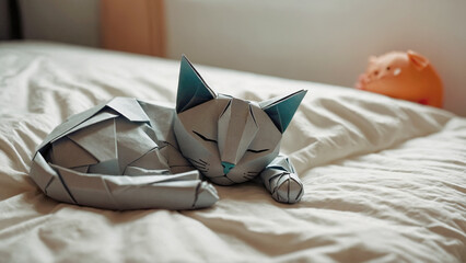 Adorable origami paper kitten taking a nap peacefully on couch at home.