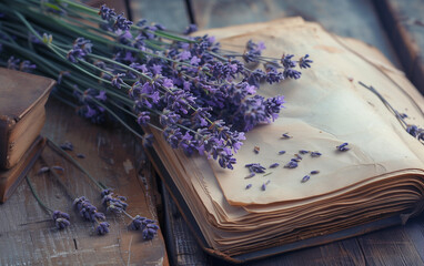 Obraz na płótnie Canvas Lavenders laying next to an open vintage notebook with copy space. 