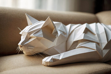 Adorable origami paper adult cat taking a nap peacefully on couch at home.