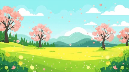 Spring time and sakura nature awakening illustration background with bright pink trees with flowers and green meadow