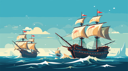 Ships at sea columbus day concept 2d flat cartoon v - obrazy, fototapety, plakaty