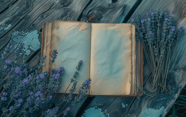 Lavenders laying next to an open vintage notebook with copy space.	
