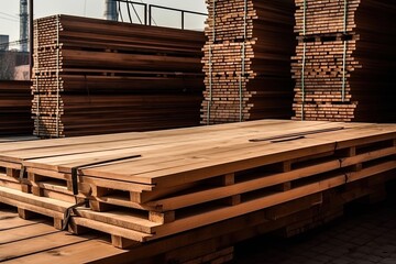 Solid wood deck board stacked for construction and finishing works, sale of building materials