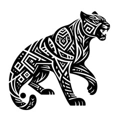 A jaguar that growls, a black and white abstract drawing of a tattoo emblem on a white background
