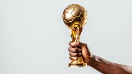 Hand holding soccer trophy in studio background