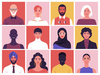 A set of smiling faces of people of different races and nations. Diversity. Happy modern young and old person avatars. Society and population. Vector flat Illustration - obrazy, fototapety, plakaty