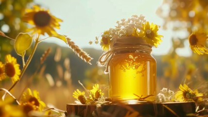 Jar of honey surrounded by linden, sunflower and wheat - Powered by Adobe