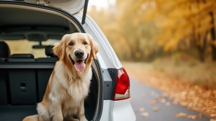 Joyful journey: Friendly retriever enjoys the ride in a white car's trunk