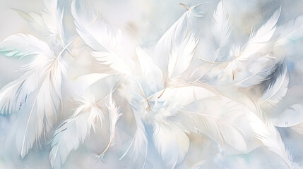 Fototapeta na wymiar たくさんの白い羽根の水彩イラスト背景