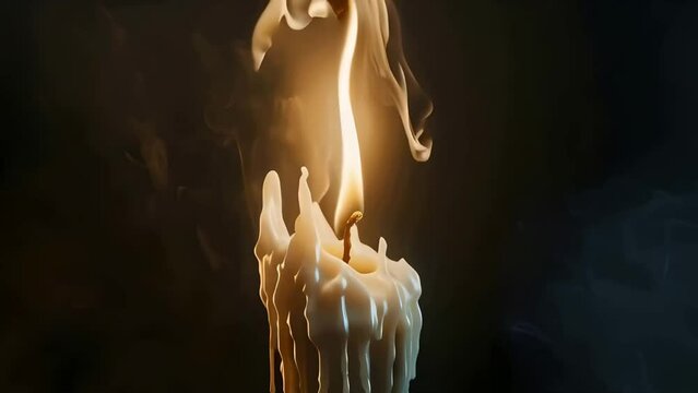Candle burning, smoke rising, wax dripping, black background, close up shot,